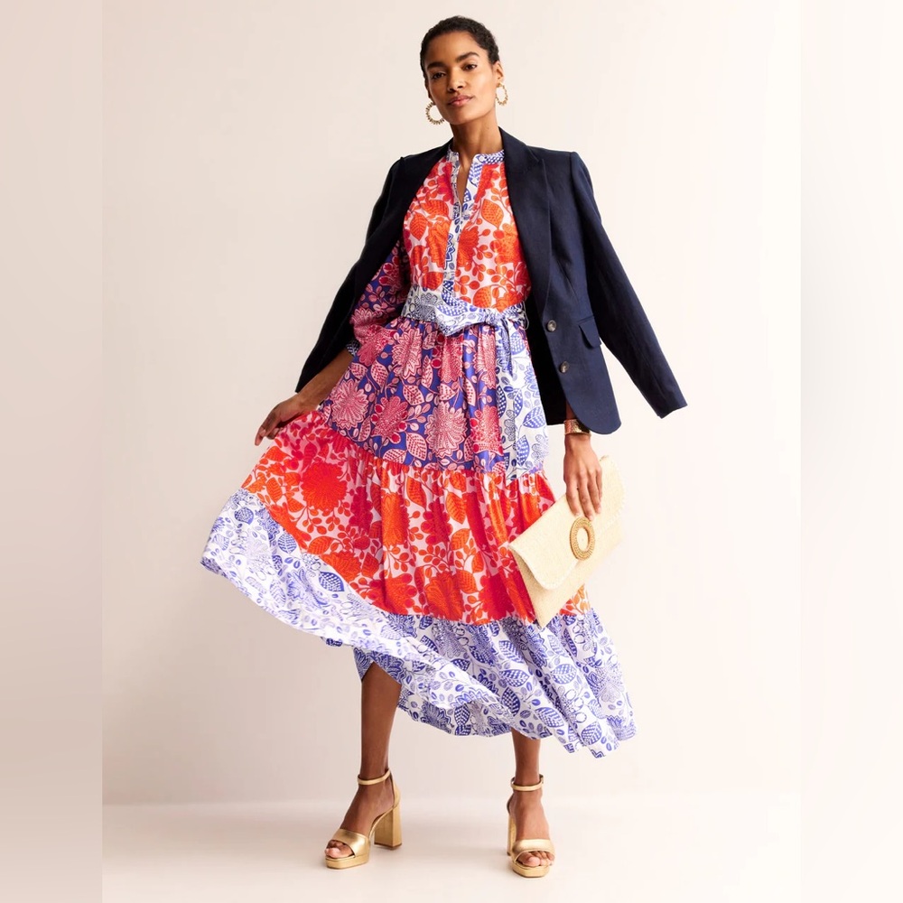 Boden Alba tiered cotton maxi dress in Firecracker, Gardenia Swirl 16/18
